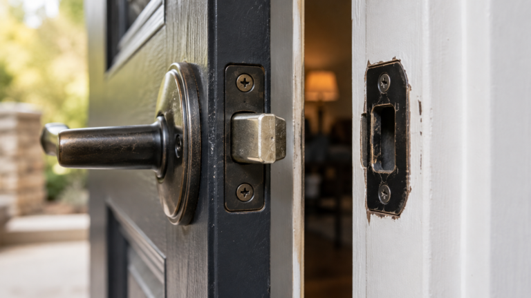 Stuck door latch and strike plate on a residential door in Denver