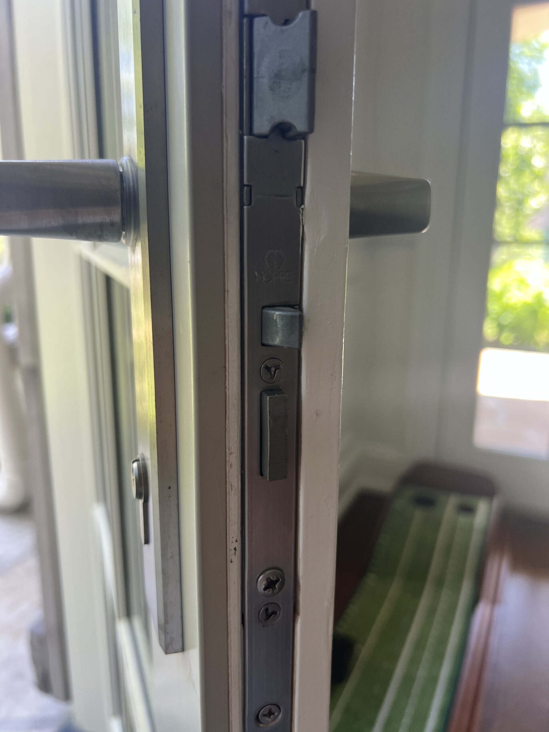 Multipoint lock hooks, rollers and bolts positioned along the door-edge faceplate